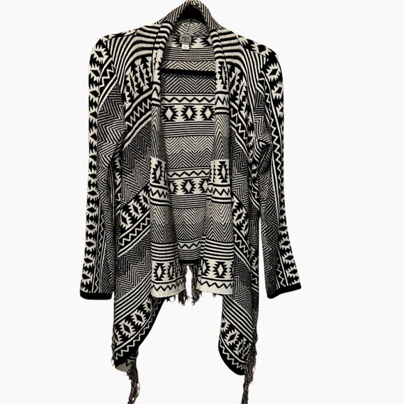 Poof Black & White Aztec Fringe Waterfall Open Cardigan Size M—Boho-Chic & Cozy - Picture 1 of 6